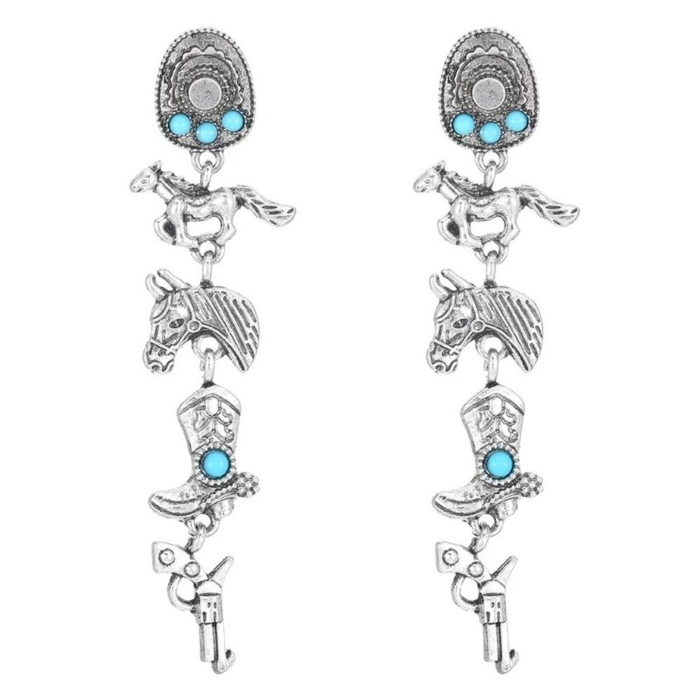 Southwest Style Earrings Pierced Silver Tone Horse Cowboy Cowgirl Boots